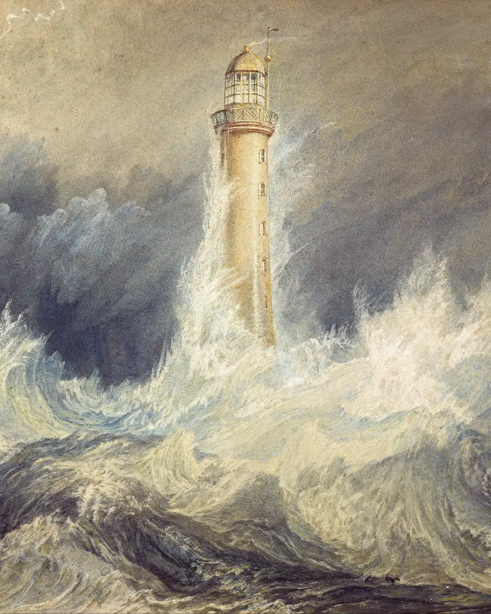 Painting of a lighthouse standing tall in a storm at sea.